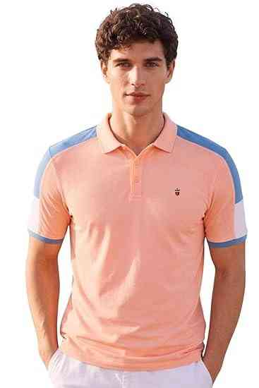 Louis Philippe Men's Slim Fit Premium High-End Pique in Superior Cotton Cut & Sew Design Color Block Shoulder Half Sleeve Polo Tshirt